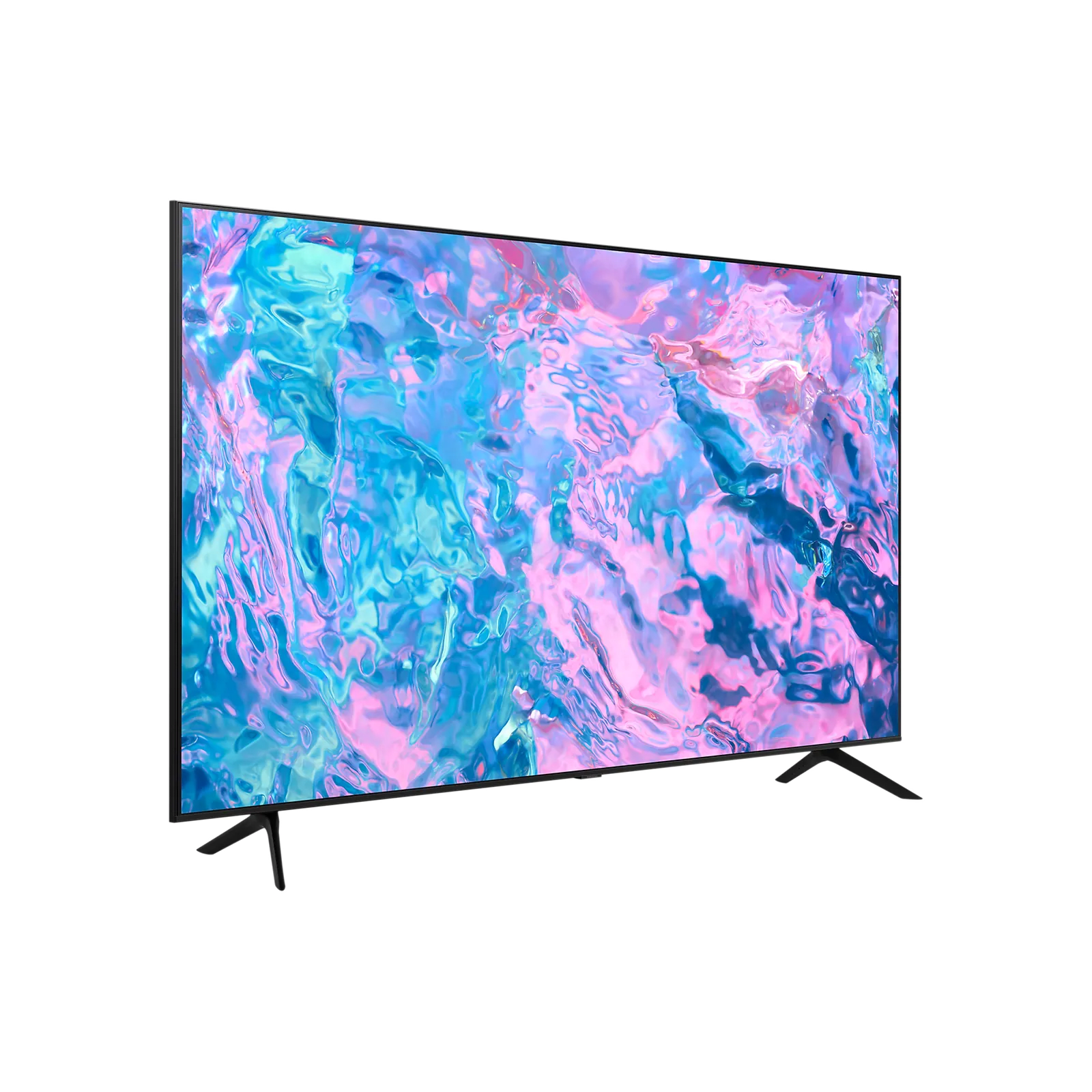 A flat screen tv with a blue and pink design